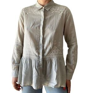 Johnny Was 3J Workshop Sage Green Floral Embroidered Button Down Blouse Sz M